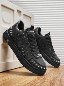 Men's Rivet Leather Casual Sneakers, Niche Sporty Shoes, Versatile All Season - Black - View 3