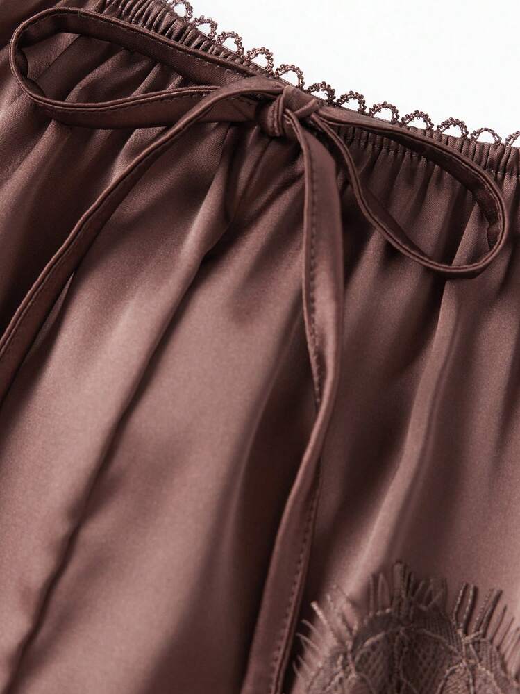 Pantalones cortos de mujer con ribete de encaje, de ajuste holgado y estilo casual, de unicolor y talle medio, para primavera/verano - Marrón - Añade 4