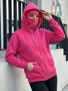 超长拉法帽,可遮盖脸部和头部;女士双拉链连帽卫衣,带口袋,保暖内衬;适合秋季、冬季、春季穿着,可用于度假/上学/居家/日常/街头/摄影等场合;风格:简约/Y2K/休闲/学院风/街头风/办公风/可爱/性感;女士秋冬/圣诞/新年外套;时尚百搭 - 玫瑰紅 - 查看 6