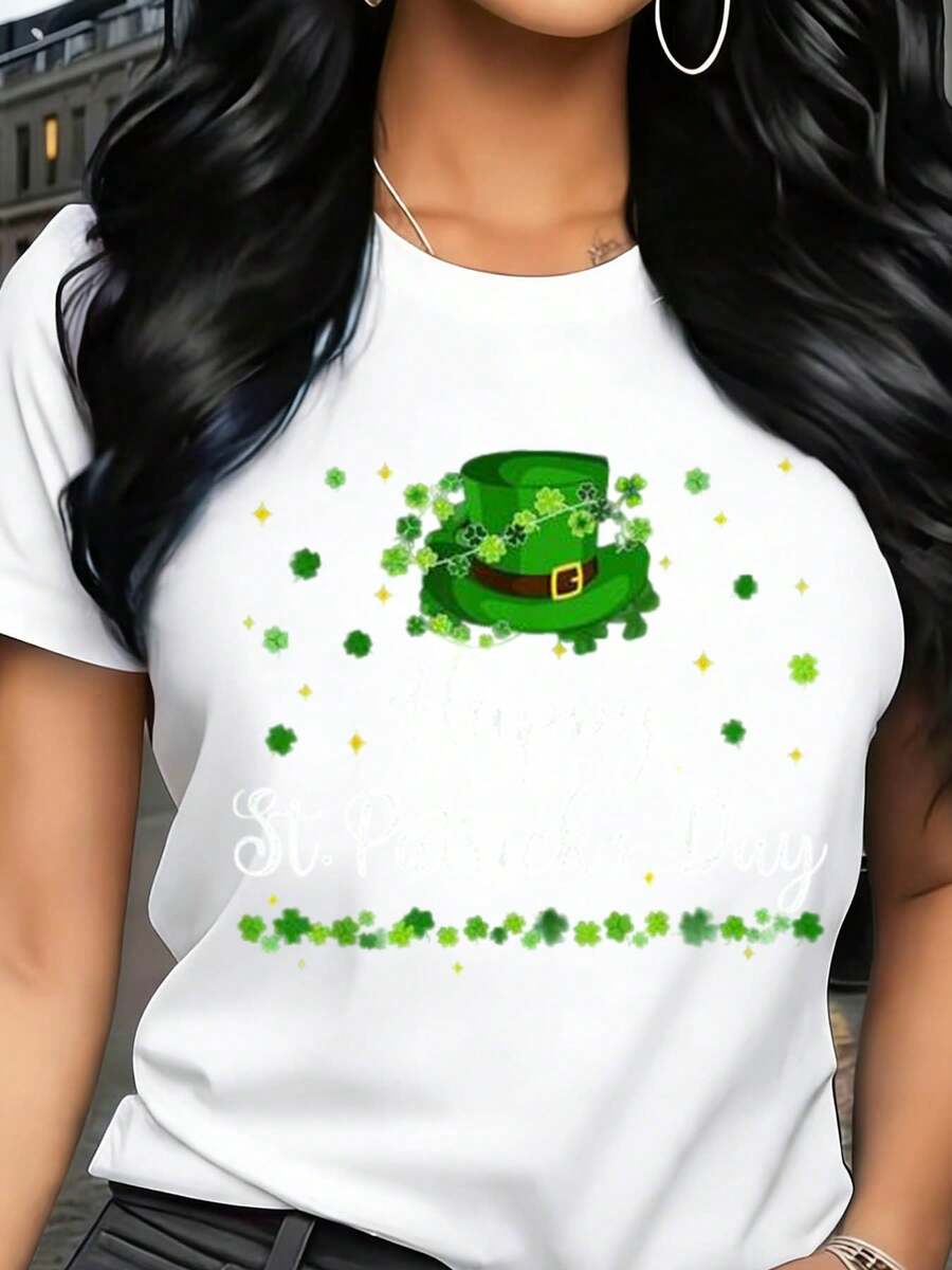 Lady T Shirt St Patricks Day Green Hat Clover Print Casual Top For Festive Celebration - Blanco - Ver 1