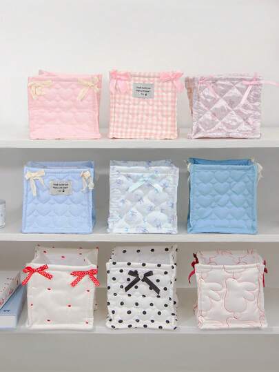 1pc Pink & Blue Floral Bear Bow Cute Girl Striped Heart-Shaped Quilted Large Capacity Foldable Storage Basket, Makeup Tools Organizer Box, Suitable For Cosmetics, Jewelry, Gifts For Women, Students, Ideal For Holidays, Friends, New Year