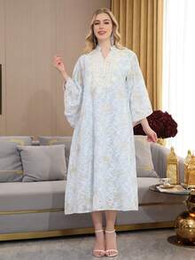 2026 New Style Ramadan Traditional Elegant Embroidered Arabic Women's Dress, JALABIA V-Neck Split Sleeve Dress, Luxurious Ramadan Vibe - Baby Blue - View 7