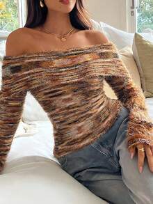 Women's Elegant Off-Shoulder Ruffled Slim-Fit Long-Sleeved Knit T-Shirt For Autumn And Winter, Y2K Style, Women's Long-Sleeved Top, Women's Winter Clothing, Outerwear. - Gradient Colors - View 3