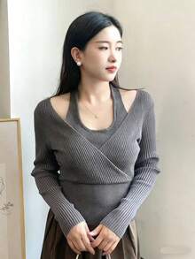 blusas elegantes dama Moda otoño e invierno nuevo temperamento francés elegante cuello colgante diseño sentido falso dos piezas de punto de manga larga - Gris - Ver 3