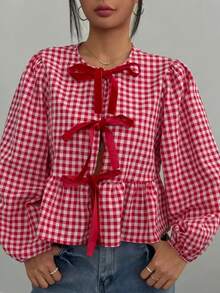 Blusa a cuadros rojos y blancos para mujer - Camisa casual retro linda con detalle de lazo, manga abullonada y bajo con volantes - Rojo - Ver 1