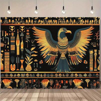 2D 平面设计，1 件埃及主题摄影背景布，饰有古埃及象形文字和金字塔 - 适用于主题派对的大型墙面装饰、埃及风格的家居装饰，也适用于家庭、活动和摄影工作室背景。