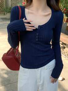 Camiseta corta de manga larga acanalada de ajuste ceñido, estilo minimalista y casual para primavera - Azul Marino - Ver 4