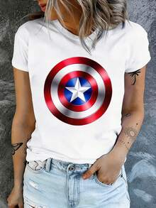 Sports Event Printed T-Shirt  Shield Graphic T Shirt Women Casual Short Sleeve Top  Superhero Costume Tee White Suitable For Sports Activitiesholiday Partiesoutingssports - trắng - Xem 5
