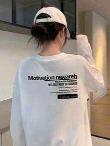 Women's Solid White Minimalist Contrast Color Letter Double-Sided Print Base Layer Long Sleeve Loose Versatile Casual Commute Ribbed Neutral Top, Extremely Simple Solid Color Basic T-Shirt Spring - White - View 4