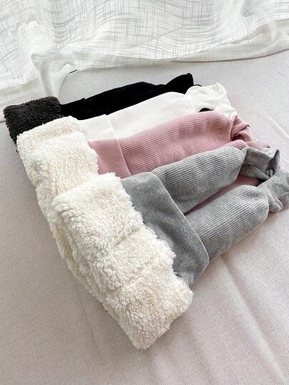 2 Pairs Girls' Thick Thermal Lined Tights, Solid Color Simple Style, Warm For Outdoor Wear In Winter, Infant & Toddler Leggings