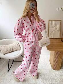 Womens 2 Piece Outfits Heart Print Peplum Tops  Pants Sets Puff Long Sleeve Blouse Y2K Lounge Sets - 粉色 - 查看 2