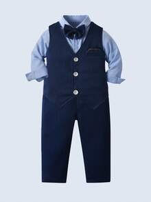 BOARNSEORL 3pcs Baby Boys Gentleman Outfit Set: Long Sleeve Shirt With Bow Tie, Navy Vest, And Pants, Fashionable & For New Year's Eve, Christmas Party, Wedding, Banquet - Navy Blue - View 4