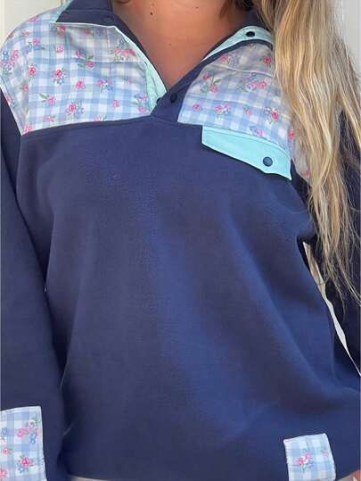 Womens Oversized Fleece Sweatshirt Patchwork Floral Checkered Accents Long Sleeve Polo Collar Pullover Tops Spring Fall Casual Outfits