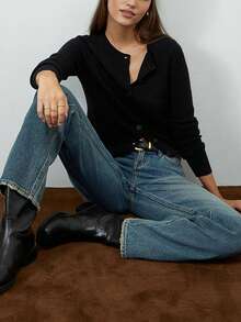 Womens Cardigan Sweaters Round Neck Long Sleeve Lightweight Button Down Sweater 2026 Spring Knit Tops - Black - View 3