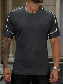 男士透气速干运动T恤，轻便健身训练休闲服 - 深灰色 - 查看 1