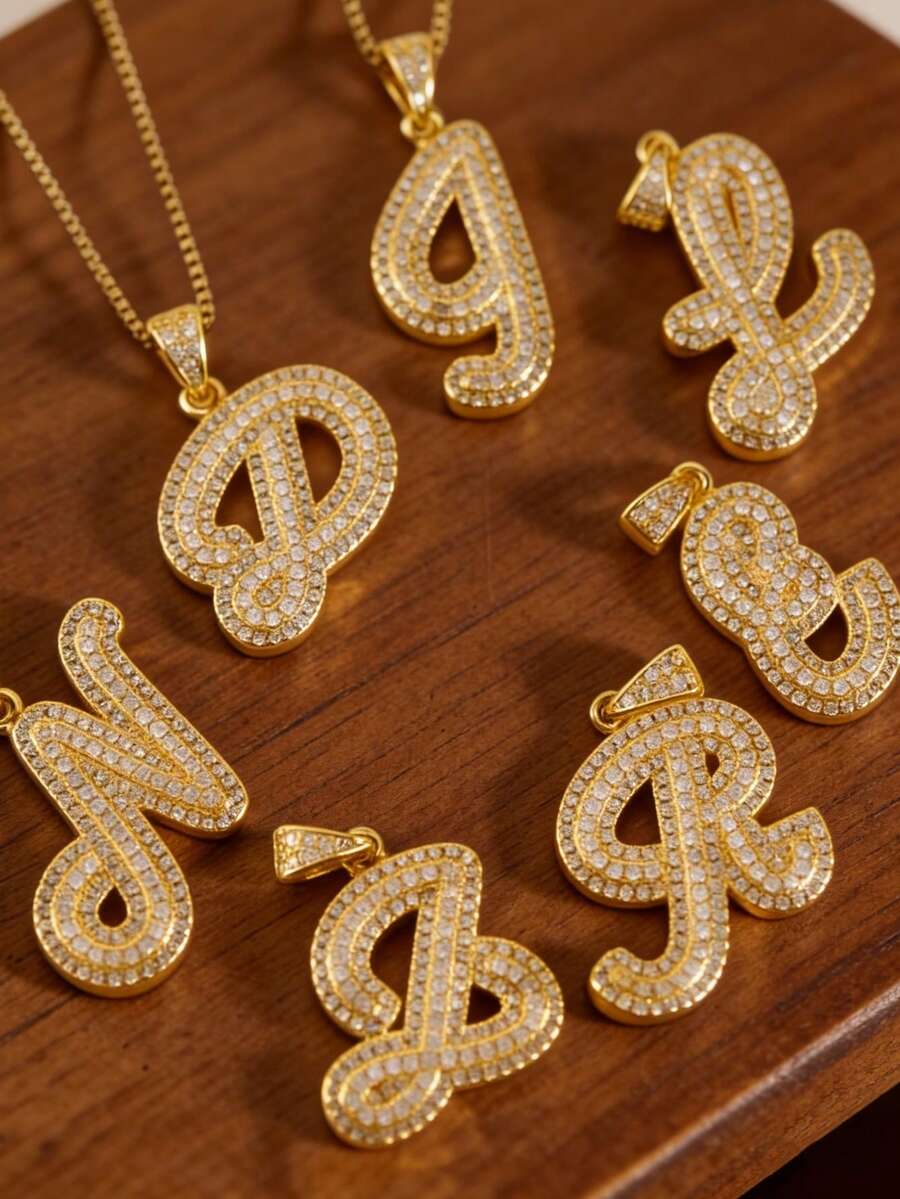 MECYLIFE 1pc Bling Bling Letter Necklace For Women, Personalized Pendant Necklace With Stainless Steel Chain - Yellow Gold - View 1