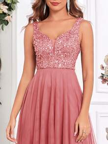 Đầm dạ hội dáng chữ A không tay cổ tim đính sequin lưới cho nữ mùa xuân và hè, đầm dự tiệc cưới thanh lịch, đầm tốt nghiệp, đầm dạ tiệc, đầm hóa trang lễ hội. - Màu Hồng  San hô - Xem 9