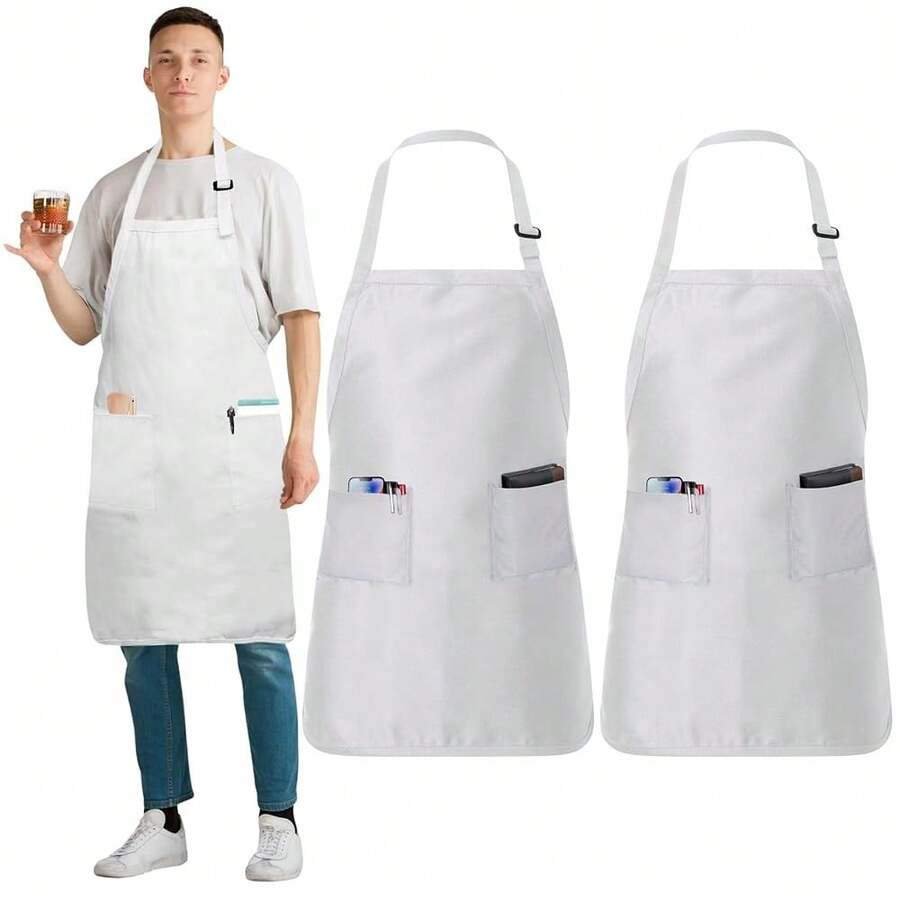 Adjustable Cotton Chef Aprons With 2 Pockets And Complimentary Bandana, Kitchen Apron For Women And Men,2Pack-White - 2pack-white - View 1