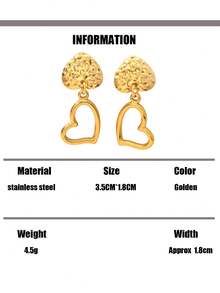 1pair Western Vintage18k Gold Plated Stainless Steel Heart Shaped Piercings Valentines Earrings Jewelry Women ,Dangle Stud Earrings Women ,Valentine's Day ,Wedding ,Mother's Day, Gifts For Women,Mon Suitable For Wear With Daily Outfits And Mardi Gras Party Accessories - Gold - View 7