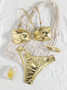 wohenmeili Conjunto de bikini de verano con tirantes finos y diseño hueco metálico de moda - Dorado - Ver 5