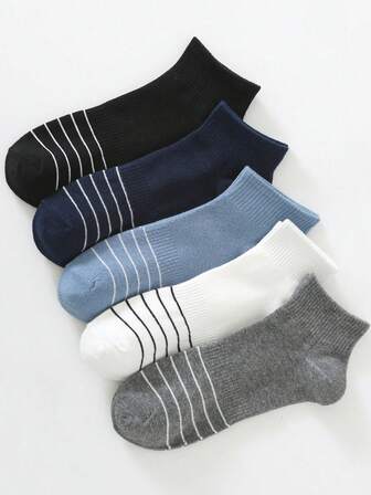 1/5 pares de calcetines cortos a rayas, serie de patrones a rayas y unicolor, suaves y cómodos, versátiles, adecuados para estudiantes y adultos, regalo o uso diario, primavera/verano