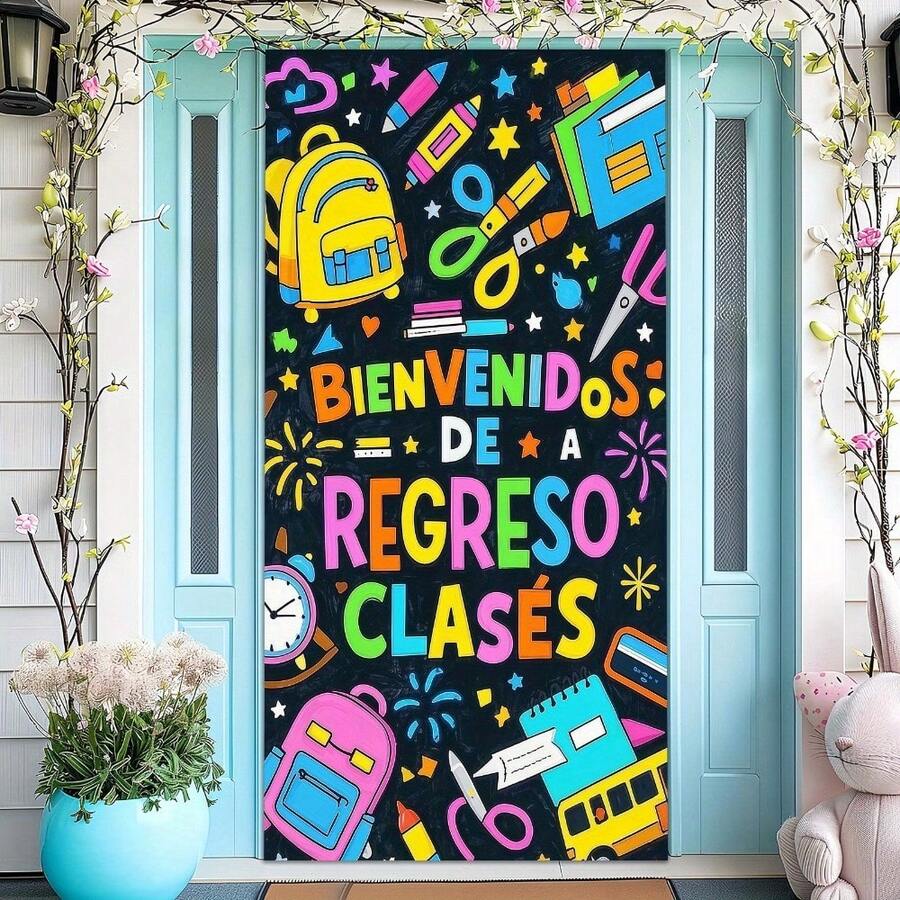 2D Flat Door 1pc ,Polyester Material, Back-To-School Door Frame Banner With Painted Books, Scissors And Black Star Background Design, Suitable For Front Doors, Photo Scenes, School Opening Decorations, Indoor And Outdoor Decorations, No Power Supply Required