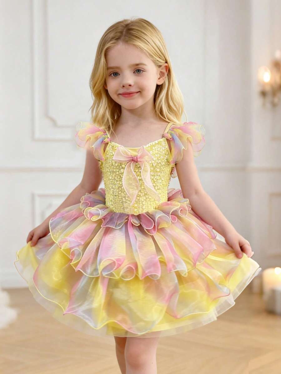E.DANCE Girls Dresses,Girls Sequin Cute Tutu Princess Dress For Birthday Party For Children Stage Performance, - Màu vàng - Xem 1