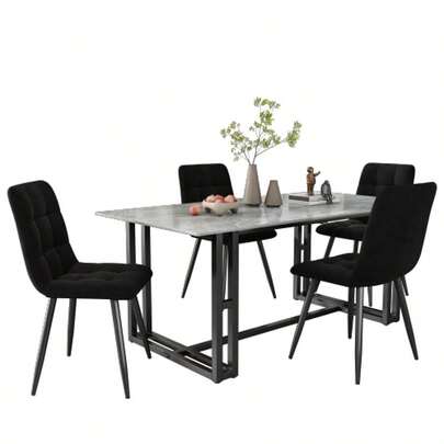 Dining Chair (4 Pcs), Black, Set Of 4 Upholstered Designer Chairs With Backrest, Velvet Seat, Metal Frame