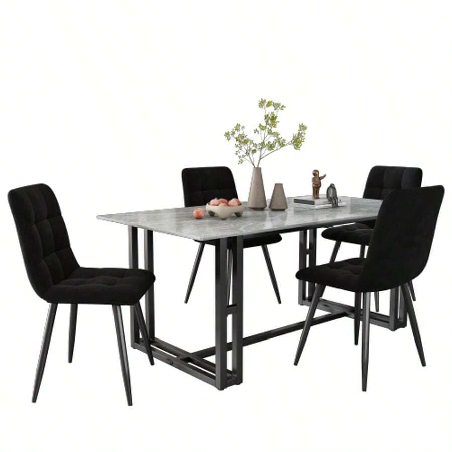 Dining Chair (4 Pcs), Black, Set Of 4 Upholstered Designer Chairs With Backrest, Velvet Seat, Metal Frame - Black - View 1
