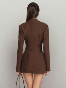 Sexy Casual Brown Knitted Fabric Long Sleeve Mini Dress For Women With Button Front And Plicated Detailing - Brown - View 8