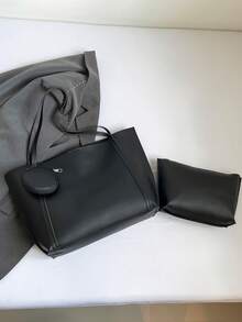 Large Capacity Solid Color Simple Tote Bag, Suitable For Shopping, Wallet, Young Women, College Students, Beginners, White-Collar. Ideal For Office, University, Work, Business, Commuting, Outdoor Activities, Travel And Picnics - Black - View 8