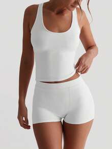 2026 Style Elastic Micro Ribbed Slim Fit Casual Vacation Women's Wide Strap U-Neck White Tank Top, Suitable For All Seasons Summer - White - View 3