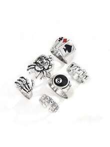 Set de 5 piezas de anillos de nudillos creativos con diseño de cartas de la baraja de picas exageradas personalizadas, set de 8 piezas de joyas de estilo retro versátil para uso diario - Multicolor - Ver 9