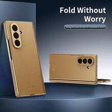 VIETAO Leather All-In-One Full Coverage Electroplated Material Faux Leather Full-Coverage Protective Phone Case Compatible With Samsung Galaxy Z Fold 7 6 6 5 4 Fold7 Fold6 Fold5 Fold4 With Tempered Glass Screen Protector Mobile Cover Spring Gift - Desert Gold - View 7