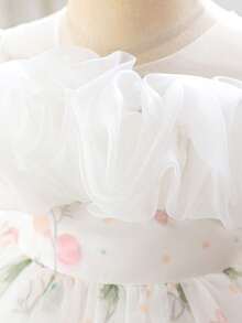 女婴无袖碎花网纱可爱花童礼服，适合一周岁生日派对、外出等场合，不含头饰 - 白色 - 查看 6
