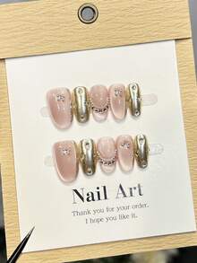 10 unhas postiças artesanais ovais curtas, minimalistas, douradas, rosas, com efeito olho de gato, espelhadas com pó cromado, com pérolas e incrustadas, para um toque outonal sofisticado e elegante. Perfeitas para festas, encontros, viagens à praia e destinos tropicais. Ideais para criar unhas postiças DIY, perfeitas para mulheres e meninas como presente. Suprimentos para unhas. - Multicolorido - Ver 3