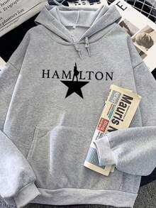 Hamilton Graphic Print Hooded Sweatshirt For Men & Women - Unisex Winter Warmth, Regular Fit, Machine Washable, Black & Grey Geometric Design, Winter - 灰色 - 查看 1