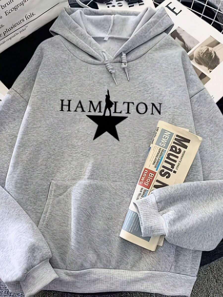Hamilton Graphic Print Hooded Sweatshirt For Men & Women - Unisex Winter Warmth, Regular Fit, Machine Washable, Black & Grey Geometric Design, Winter - 灰色 - 查看 1