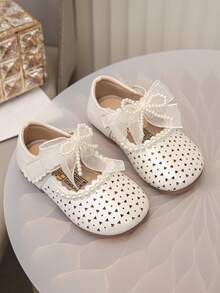 1双女童时尚优雅简约舒适珍珠蕾丝蝴蝶结花朵装饰软底公主平底鞋 - 象牙白色 - 查看 10