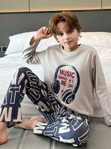 2pcs/Set Autumn/Winter Boys Pajamas, Cute Cartoon Print Round Neck Soft Knit Fabric Loungewear - Blue - View 2