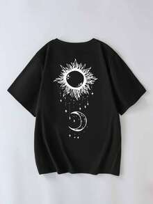 夏日月亮印花落肩T恤，女式上衣，适合日常穿着、外出、聚会、上学、参加音乐节、度假、通勤。可作为礼物送给家人、男朋友、女朋友、朋友，是女孩夏季服装的理想之选。 - 黑色 - 查看 5