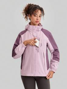 1 件女士拼色春秋风衣，户外运动防风防水轻便夹克，长袖 - 藕粉色 - 查看 13