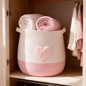 Inwagui Rosa hjärtvävd tvättkorg i rep, förvaringskorg för flickor, leksakskorg, förvaringskorg för kläder, förvaringskorg för filtar, med handtag, trendig heminredning, lämplig för sovrum eller vardagsrum