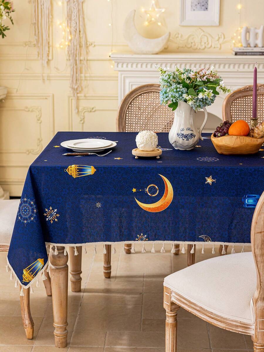 1件蓝色长方形桌布,饰有金色月亮、星星和灯笼图案,米色流苏装饰,可水洗,适用于餐桌、咖啡桌、小方桌,家居装饰,厨房,餐厅,派对,晚宴,阿拉伯风格节日装饰,礼品 - 藍色 - 查看 1