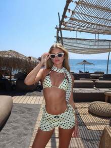 新款女士时尚休闲优雅性感黄色波点印花沙滩度假派对泳装套装，春夏款 - 彩色 - 查看 5