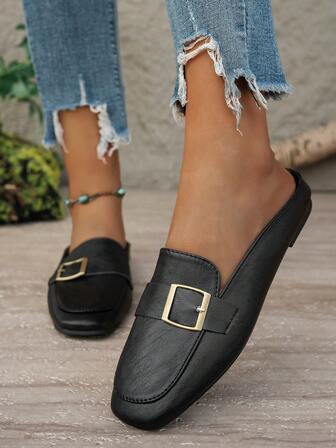 方头平底鞋，女士低帮无后跟凉鞋，简约通勤纯色办公鞋，舒适软底乐福鞋，优雅职场一脚蹬鞋，黑色和米色女士商务鞋