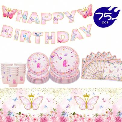 Floral & Butterfly Design Disposable Tableware Set, Including Plates, Napkins, Cups, Tablecloth, And Banners, Suitable For 16 Guests, Ideal For Birthday, Wedding, Theme Parties, And Family Picnics