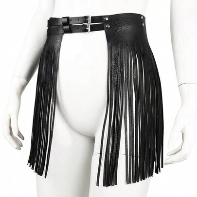 1pc Women's Fashion Tassel Skirt, Sexy Black Leather Bondage Tassel Skirt Apparel Waist Belt