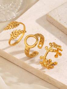 3pcs/Set Stainless Steel Minimalist 18K Gold Plated Leaf Design Jewelry Set, Suitable For Women Everyday Wear & Party - Multicolor - View 4