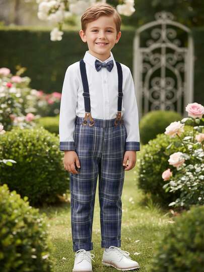 BOARNSEORL 2 piezas Conjunto de caballero para niños pequeños - Camisa de manga larga con corbata de moño y pantalones morados, elegante y de moda para fiesta de cumpleaños, vacaciones, ocasión formal